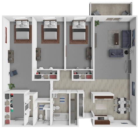 Floor plan for 3 beds, 2 baths, 1235 sqft